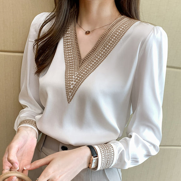 Long Sleeve Embroidered V-Neck Top