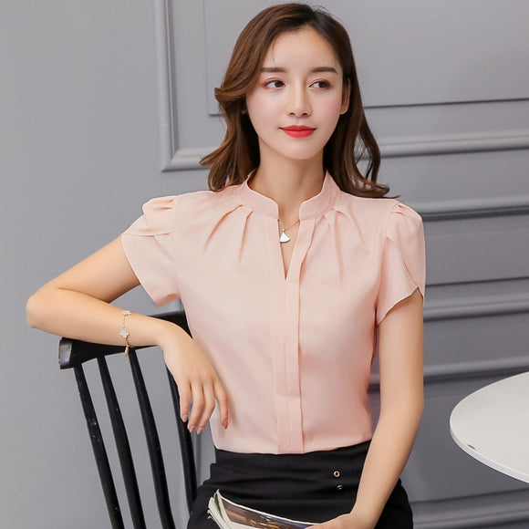 Summer Korean Fashion Womens Tops and Blouses Chiffon Women Blouses Short Sleeve White Office Lady Shirts Ladies Tops