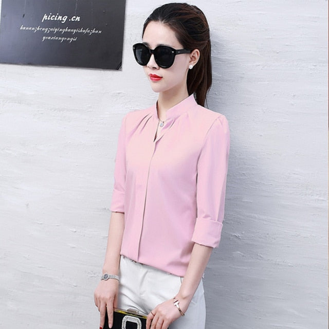 Korean Fashion Clothing 2021 Spring Chiffon Women Tops And Blouses Blusas  Mujer Solid Pink Ladies Shirts Female Elegant 8274 50